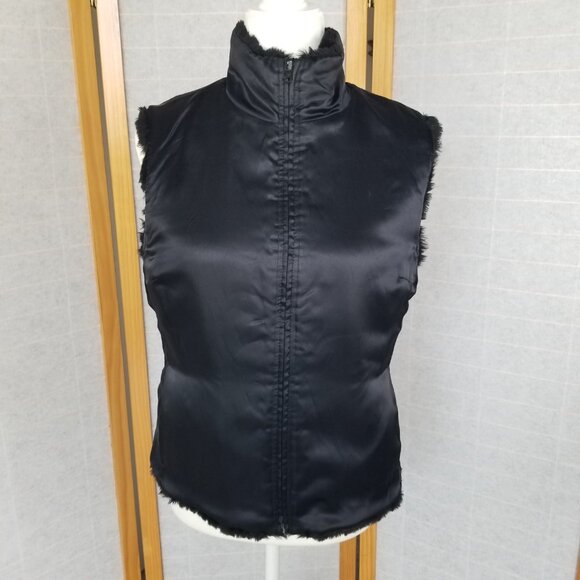 1980s Express Black Faux Mink Vest Zip Up Reversible to Satin Size Medium - Picture 9 of 14